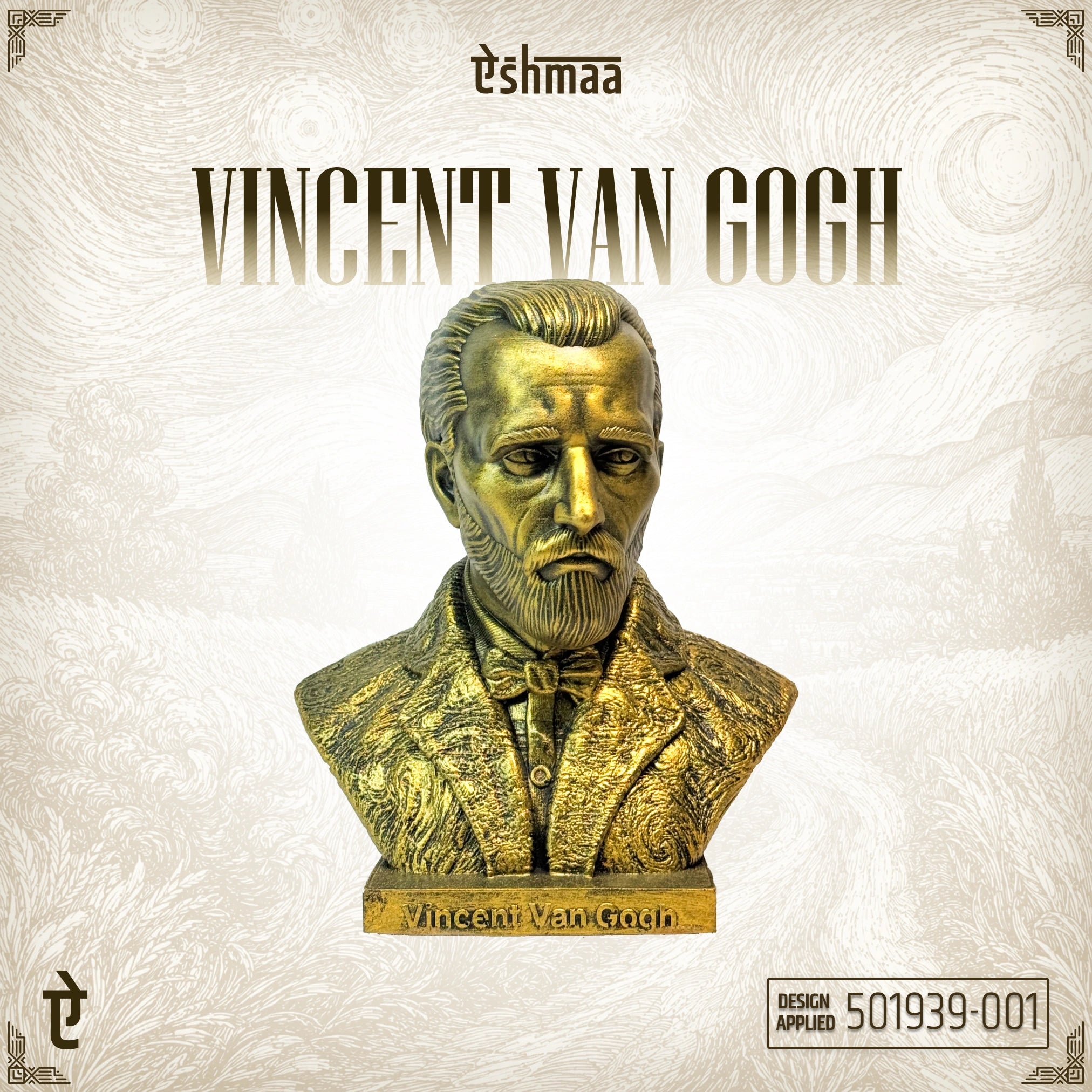 Brass bust of Vincent van Gogh on a textured white background with 'Ashmaa' branding