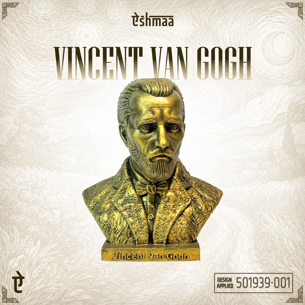 Brass bust of Vincent van Gogh on a textured white background with 'Ashmaa' branding